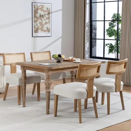 Miniatura 14 de Juego de 4 sillas de comedor, sillas de cocina de tela tapizada en madera, silla acolchada de lino sin brazos con respaldo curvo acentuado