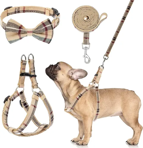 Miniatura 16 de Juego de arnés para perro con correa y collar de corbatín - Arnés para cachorro a cuadros beige, a prueba de escape, chaleco ajustable sin tirones