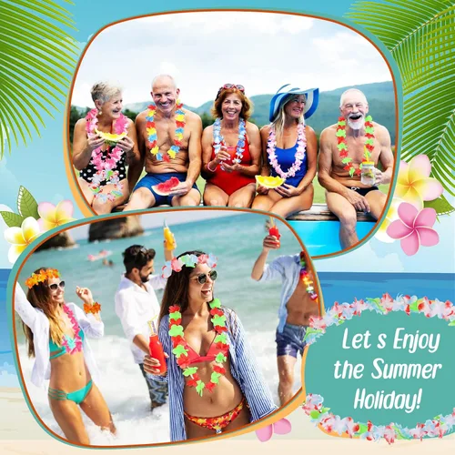 Miniatura 4 de Jexine 250 piezas de Leis hawaianos a granel Luau decoraciones de fiesta hawaianas tropicales diademas y pulseras de flores Lei para regalos