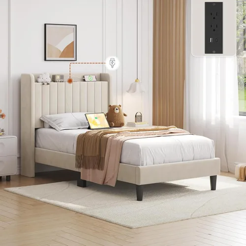 Miniatura 3 de Yaheetech Twin Platform Bed Frame, Upholstered Wing Side Headboard with USB Charging Station and Storage Shelf, Wooden Slat Support, Noise Free, No