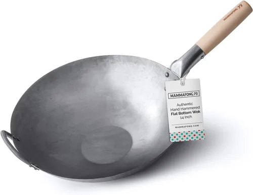 Sartén wok de acero al carbono de fondo plano, auténticos woks martillados a mano y sartenes para freír - Wok Pow Wok de 14 pulgadas