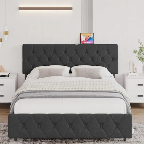 Base de cama de tamaño matrimonial con puertos tipo C y USB, cabecera ajustable, plataforma tapizada con soporte de listones de madera, envoltura de