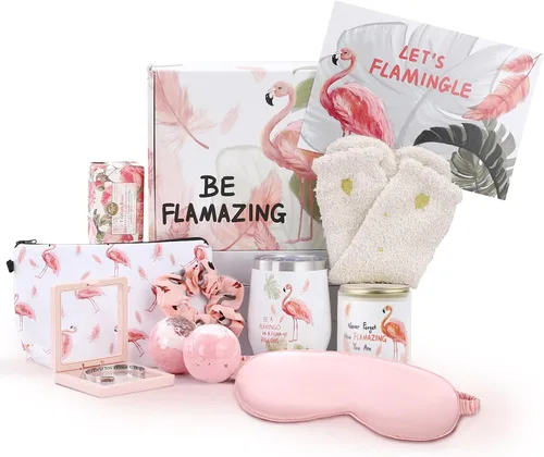 Regalos de flamenco para mujeres, regalo rosa para amantes de flamencos, caja de regalo de cuidado personal de spa, cesta de cumpleaños para mujer,