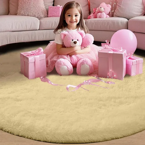 Miniatura 3 de Alfombra redonda beige para dormitorio: alfombra suave y esponjosa de 4 x 4 pies para sala de estar, alfombra redonda de felpa peluda