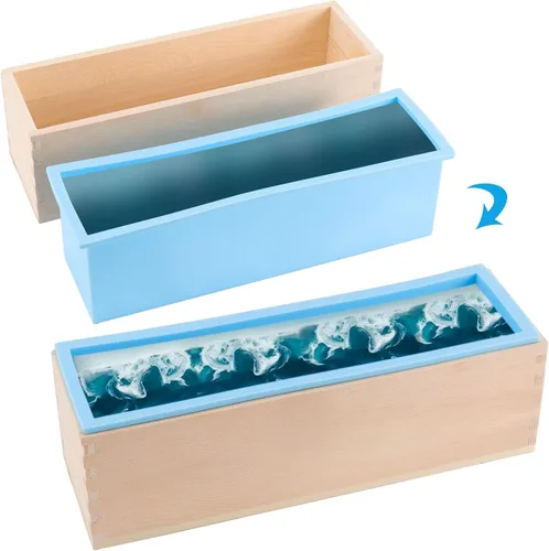 Miniatura 5 de Juego de 3 moldes de jabón de silicona azul de 45 onzas, moldes rectangulares flexibles para hacer jabón con caja de madera, cubiertas de madera