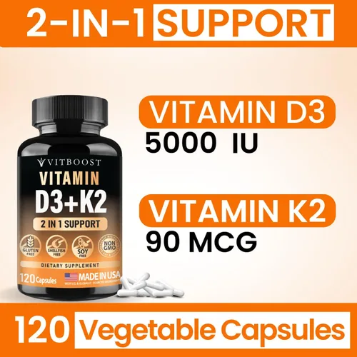 Miniatura 10 de VITBOOST Complejo de vitamina D3 K2 – Fácil de tragar – Vitamina D (D3) 5000 UI (125 mcg) y K2 (MK-7) 90 mcg Sin OGM Sin gluten Fabricado