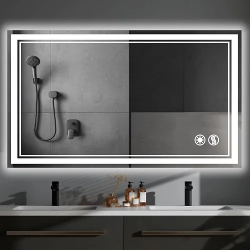 Espejo LED de 48 x 28 pulgadas para baño, espejo de baño sin niebla, con luces LED, regulable, 3 colores, luces delanteras y retroiluminadas, espejo