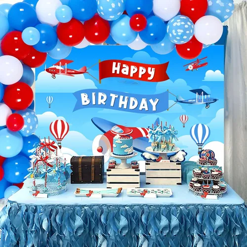 Miniatura 4 de Sursurprise Decoraciones de fiesta de cumpleaños con temática de avión, kit de arco de guirnalda de globos para suministros de fiesta de cumpleaños