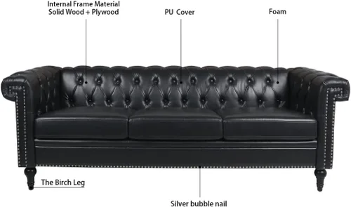 Miniatura 5 de Sofá Chesterfield moderno de 83.5 pulgadas, sofá de 3 plazas con brazo enrollado, tapizado de cabeza de clavo, sofás de piel sintética para sala