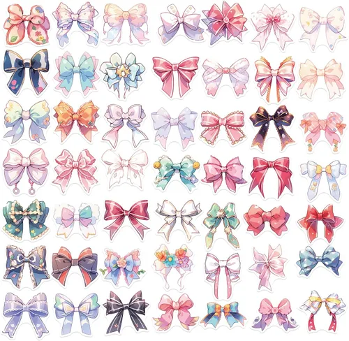 Miniatura 6 de Calcomanías estéticas de lazos para niñas, 50 calcomanías vintage de anime con nudo de lazo, vinilo impermeable con lazos rosas para botella