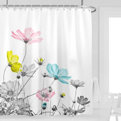 Miniatura 35 de Cortina de ducha de 72" x 72" con flores grises y rosas, gris y blanco, flores silvestres, margaritas, plantas, pintura de tinta, botánica