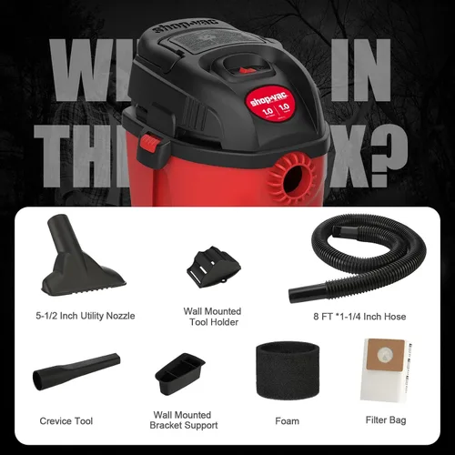 Miniatura 8 de Shop-Vac 2021000 Aspiradora húmeda y seca de 1 galón y 1 HP máximo, microaspiradora compacta portátil con soporte de pared de mango plegable y Rojo