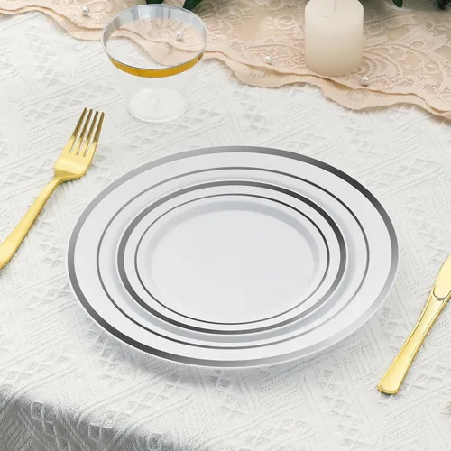 Miniatura 5 de AOZITA 200 platos de plástico plateados, platos desechables de plástico para fiestas, bodas y cumpleaños