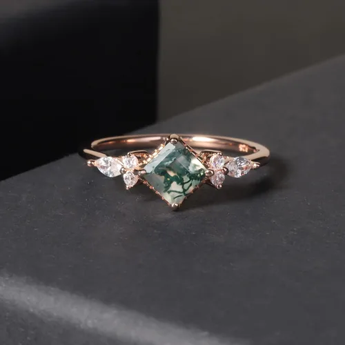 Miniatura 4 de Gem's Beauty Anillos de compromiso de ágata musgo verde de 14 quilates, oro rosa de 14 quilates, plata de ley 925, anillo de compromiso de tres