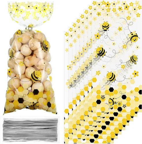 Outus 100 bolsas de regalo de celofán para fiestas de abeja, bolsas de regalo de plástico con 100 lazos giratorios plateados para niños, cumpleaños,