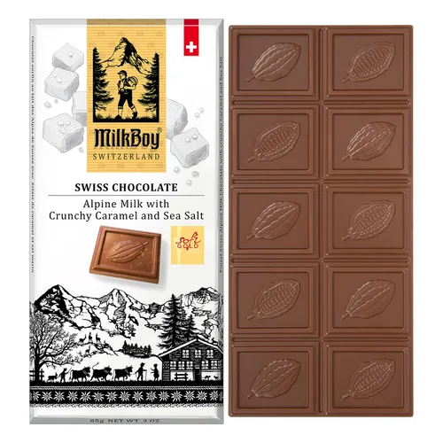 Milkboy Swiss Chocolates Chocolates con leche, barras de chocolate con leche alpina con sal marina crujiente de caramelo, sin gluten, sin OMG, todo