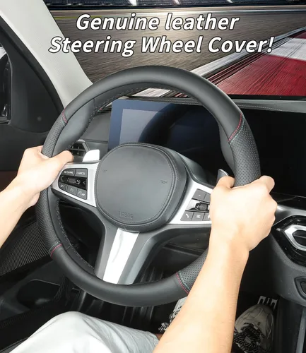 Funda de volante a la medida para Nissan, funda de volante de cuero genuino, antideslizante, transpirable, para accesorios Nissan (Negro (línea roja