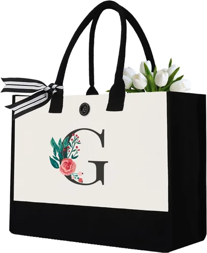 Miniatura 10 de Initial Canvas Tote Bag, Monogrammed Tote Bags Suitable for Mother's Day Wedding Beach