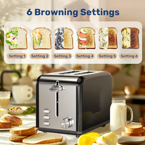 Miniatura 6 de YSSOA Tostadora de 2 rebanadas con 6 ajustes de tostado y 3 funciones, ranura extra ancha y bandeja extraíble para migas, estilo retro de acero