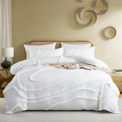Miniatura 2 de Cupocupa Juego de Edredón Queen Beige con Mechones, Juegos de Edredones Ropa de Cama para Cama Queen 3 Piezas Edredón Boho Suave Esponjoso Ligero