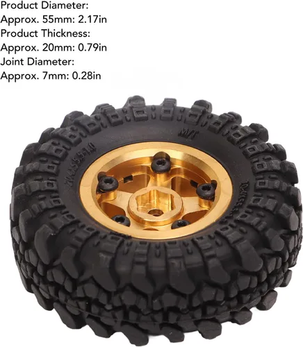Miniatura 7 de VGEBY Ruedas de coche RC, neumáticos RC de 1 pulgada, cubo de rueda de latón, neumáticos de automóvil RC para FCX24 118 124 Crawler 4 piezas (dorado)
