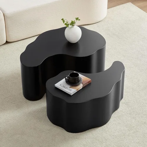 Miniatura 12 de Juego de 2 mesas de centro redondas negras de 55.12 pulgadas, mesa lateral moderna para sala de estar, diseño contemporáneo de círculo de madera