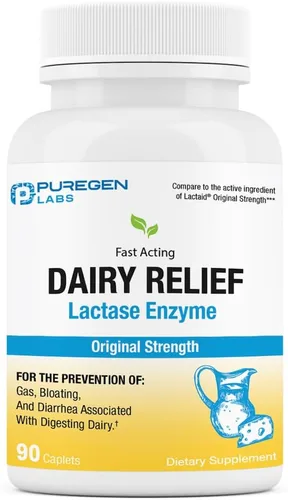 P Puregen Labs Aliviador de Lácteos Natural Enzima de Lactasa de Acción Rápida 3000 FCC, Pastillas para la Intolerancia a la Lactosa 90 Comprimidos