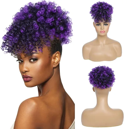 Miniatura 17 de Cola de caballo con cordón y flequillo, extensiones de cola de caballo afro para mujer, cola de caballo corta y rizada con flequillo con clip para 1b