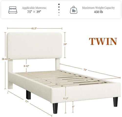 Miniatura 2 de Yaheetech Estructuras de Cama Individual con Cabecera Ajustable, Cabecera Tapizada de Tela de Chenilla/Cama de Plataforma, Estructura de Cama
