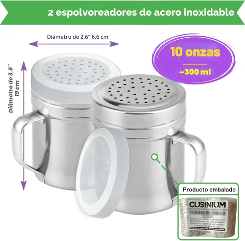 Miniatura 2 de CUSINIUM Salero de metal y pimienta, con asa, condimentos y especias con agujeros y tapas, 10 onzas, 2 piezas, estilo: mediano Plateado