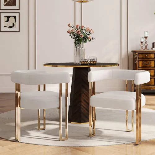 Miniatura 43 de Hyfirm Juego de 2 sillas de comedor de barril beige y dorado, modernas sillas tapizadas de terciopelo con respaldo curvado para isla de cocina