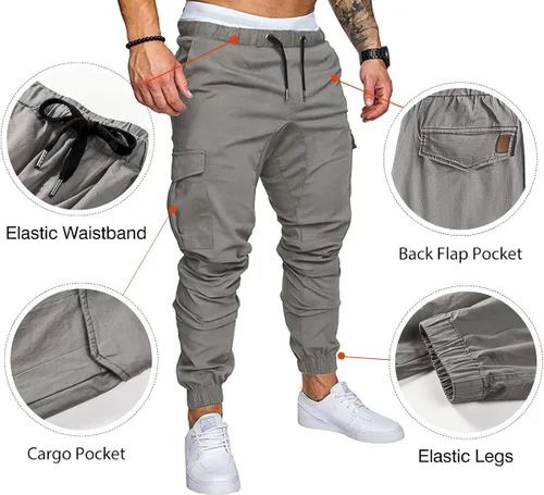 Miniatura 2 de JMIERR Pantalones cargo de moda para hombre, casuales, de algodón, elásticos, de sarga con cordón, pantalones deportivos con 6 bolsillos