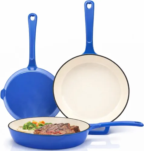 Hisencn Sartén de Hierro Fundido Esmaltado - Juego de Sartenes con Recubrimiento Cerámico de 8''/9.5''/11'', Compatible con Azul cobalto