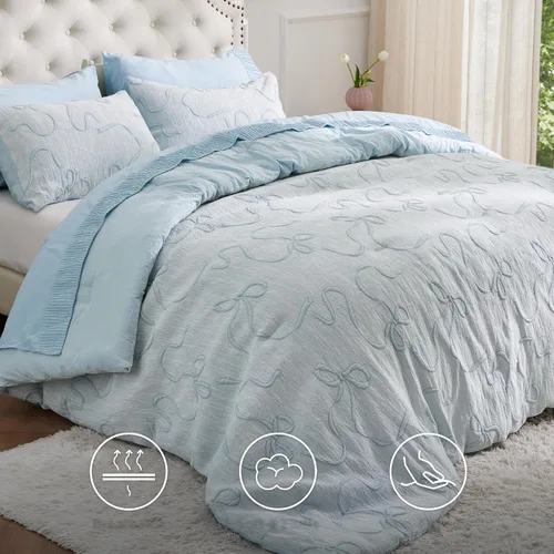Miniatura 6 de Bedsure - Juego de edredón individual/King, juego de cama bohemio azul polvo capitoné, 3D, tipo jacquard, 2 piezas: 1 edredón estilo rústico chic