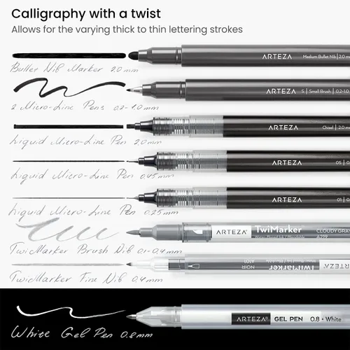 Miniatura 6 de ARTEZA Juego de 12 bolígrafos de mano para caligrafía y pincel con guía, lápiz, borrador para principiantes que aprenden letras a mano y escritura