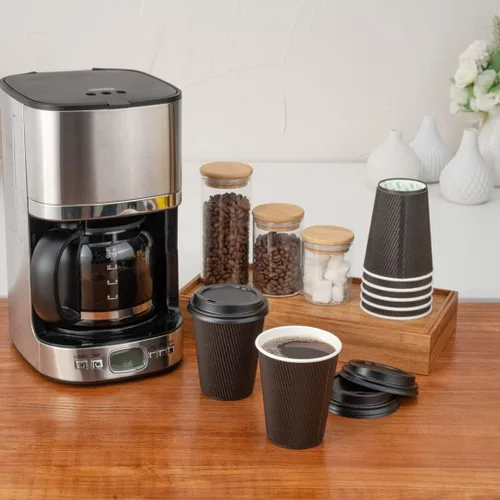 Miniatura 6 de Restaurantware Vasos de café desechables de doble pared de 8 onzas, 500 vasos de papel negro aislados con diseño de pared ondulada, las tapas se