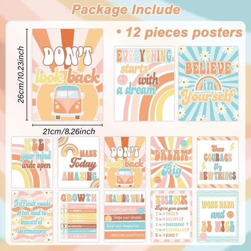 Miniatura 2 de ZOIIWA 12 pósteres retro Groovy para decoración de aula, juego de tablones de anuncios hippie, póster de regreso a la escuela, póster retro
