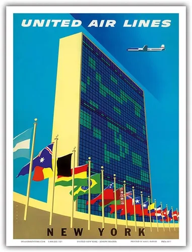 Miniatura 9 de United Nations Building New York - United Air Lines - Vintage Airline Travel Poster by Joseph Binder c.1957 - Master Art Print (Unframed) 6in x 9in