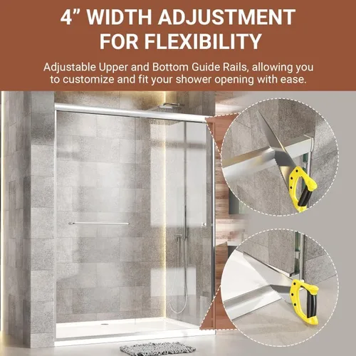 Miniatura 5 de Puerta de regadera doble corrediza 56"-60" (ancho) x 72" (alto), puerta de vidrio para baño de 1/4" (6mm) de vidrio templado transparente