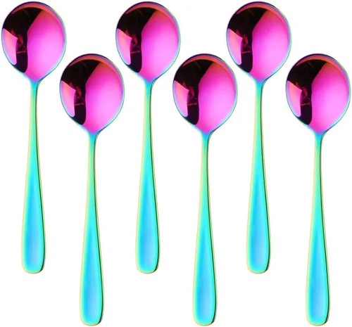 Miniatura 7 de Buyer Star Juegos de cucharas de caldo, cucharas de sopa redondas de 7 pulgadas, cucharas de cena de mesa con acabado de acero inoxidable Plateado