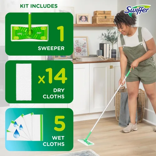 Miniatura 12 de Swiffer Sweeper 2-en-1, limpiador de piso de superficie múltiple seco y húmedo, barrido y mopping kit de inicio. Incluye 1 mop + 19 recargas