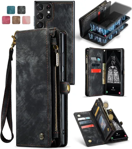 Miniatura 19 de Funda tipo cartera desmontable 2 en 1 para Samsung Galaxy S23 con tarjetero y funda de piel retro de alta calidad con tapa magnética, bolsillo