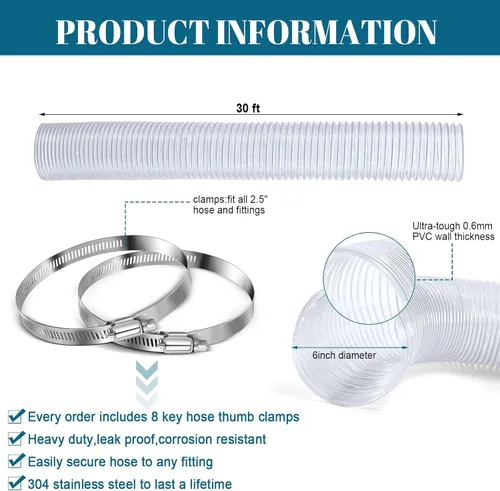 Miniatura 3 de Yaocom Manguera de recolección de polvo de PVC de 6 pulgadas y 30 pies con abrazaderas de acero inoxidable, flexible y transparente al vacío