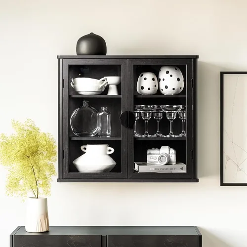 Miniatura 8 de NEWOWNDS Gabinete de Almacenamiento de Pared con Vitrina de Vidrio Templado Negro, Gabinete de Pared para Baño, Gabinete Montado en la Pared