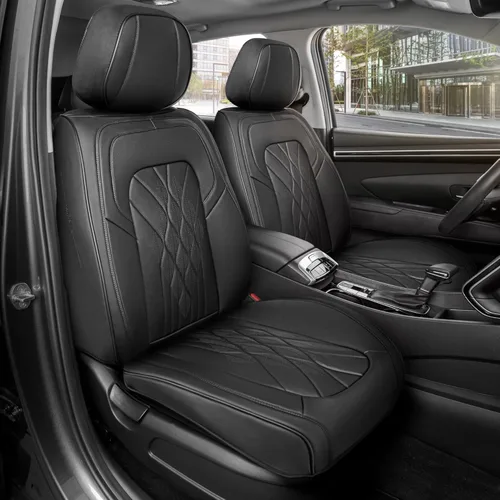Miniatura 25 de MotorBox Haven Series - Fundas de asiento de piel de napa, para automóviles, edición Lux, fundas de asiento delantero con costuras de diamante