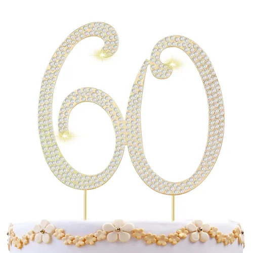 Miniatura 15 de Decoraciones de 60 cumpleaños para mujer, decoración para pastel de 60 años, decoración de pastel de 60 cumpleaños con diamantes de imitación 60