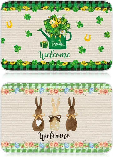 Miniatura 7 de Moucuny 3 piezas de gnomo del día de San Patricio, felpudo de bienvenida de Pascua, tréboles irlandeses, tapete decorativo de entrada de 27.6 x 15.7