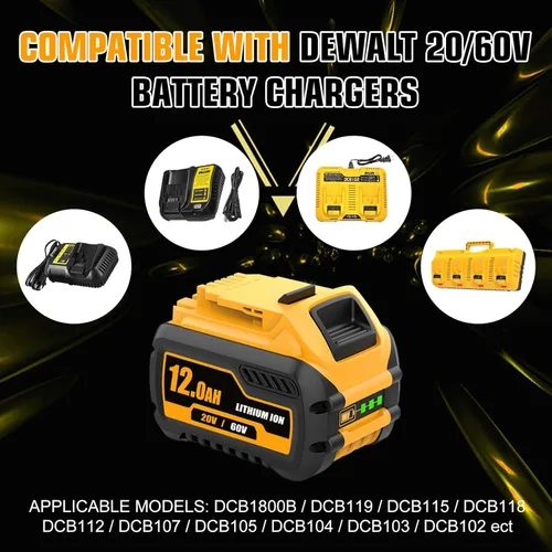 Miniatura 6 de Paquete de 2 baterías de alta capacidad de 12000 mAh y cargador DCB105 de repuesto para batería de iones de litio Dewalt 20V/60V MAX compatible