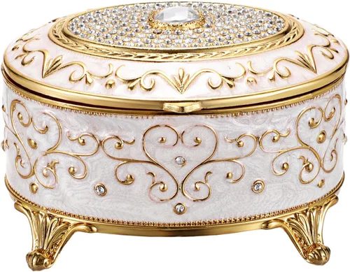 Joyero vintage pequeño con baratija, caja ovalada esmaltada del tesoro, caja de joyería de metal, anillos dorados, soporte para aretes, caja de