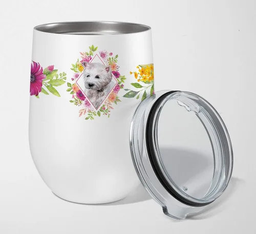 Miniatura 94 de Caroline's Treasures CK4110TBL12 Afghan Hound Pink Flowers - Vaso de vino aislado de acero inoxidable de 12 onzas con tapa, bonita taza de viaje